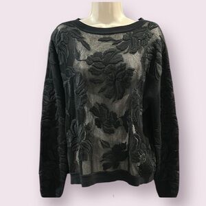 Bailey 44 Fairy Sheer Mesh Florel Embroidery Crewneck Pullover Top Black X-Small